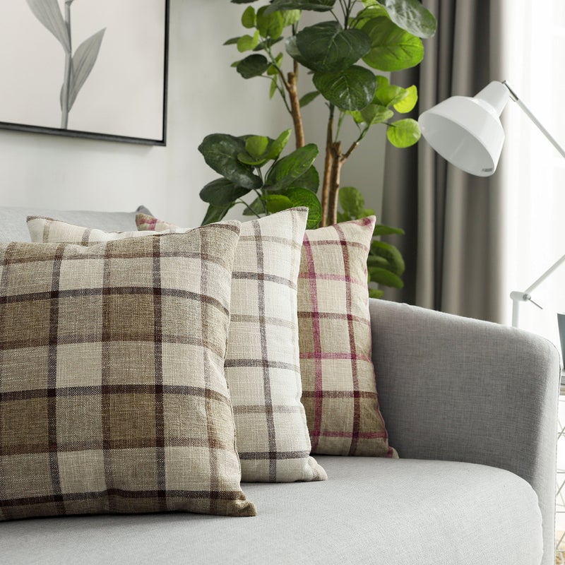 UGS UGASA UGASA Classic Retro Checkered Plaids Cotton Linen Cushion Cover Square Throw Pillow Cover 5 Tone Modern Farmhouse Cushion for Sofa, 18x18 Inch(45cm), Set of 2, Natural + Brown - Image 4